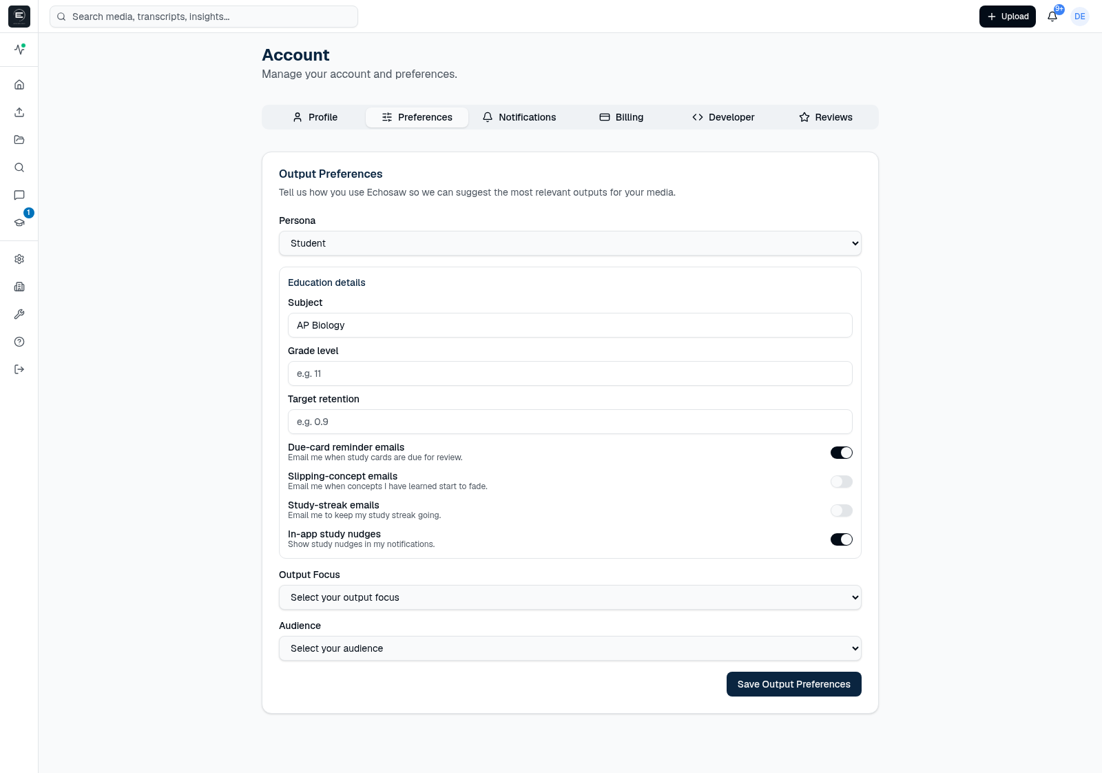 Account Output Preferences with Persona set to Student