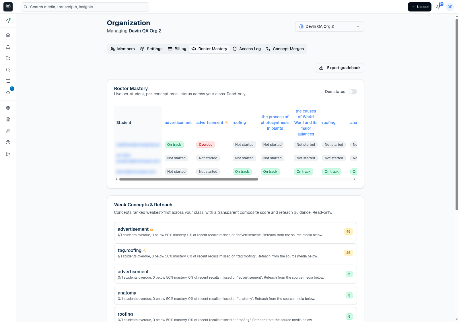 Roster Mastery grid with per-student status, the Weak Concepts and Reteach panel, and Export gradebook