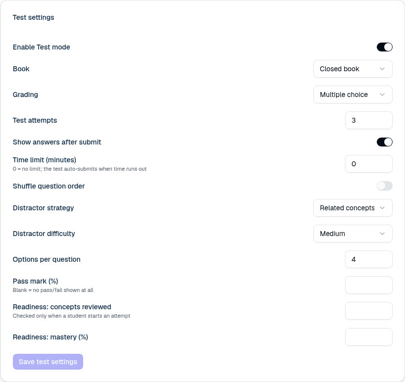 Test settings: book mode, grading, attempts, time limit, pass mark, and readiness gates
